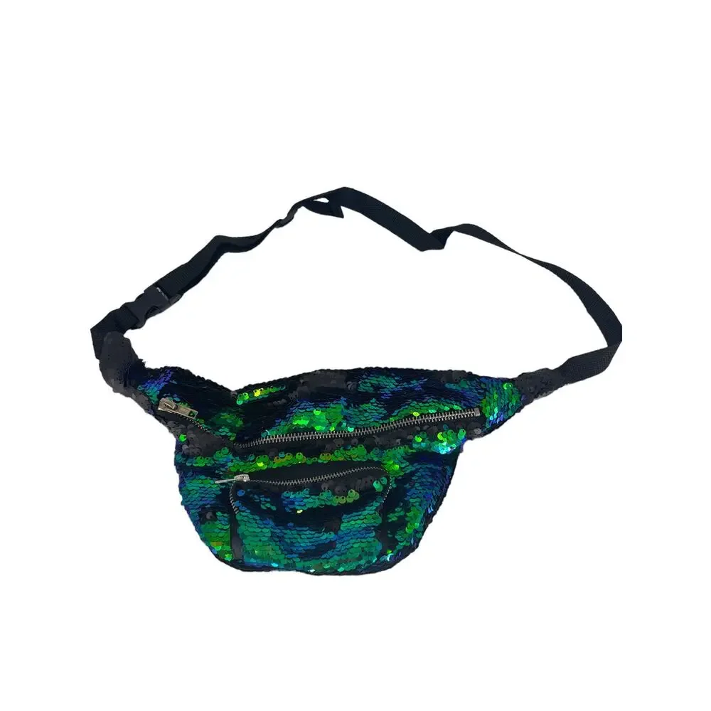 Girls Green & Blue Sequined Zip-Top Fanny Pack Belt Bag